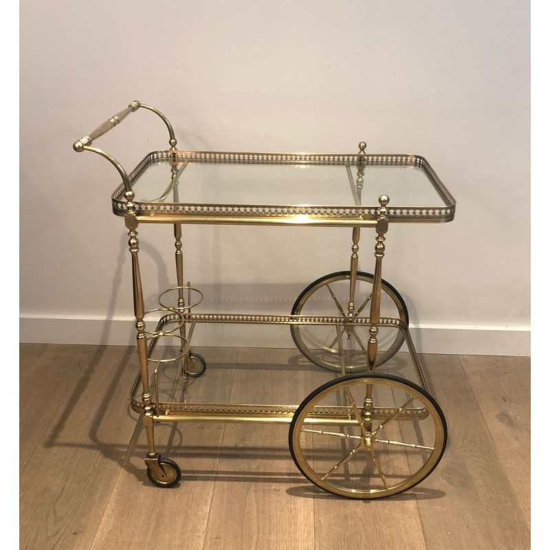 Neoclassical Brass Two-Tier Drinks Trolley with Gallery Rail, in the Style of Maison Jansen, circa 1940