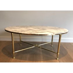 Table Basse Ovale Néoclassique en Laiton et Marbre de Carrare, Maison Jansen, France vers 1940