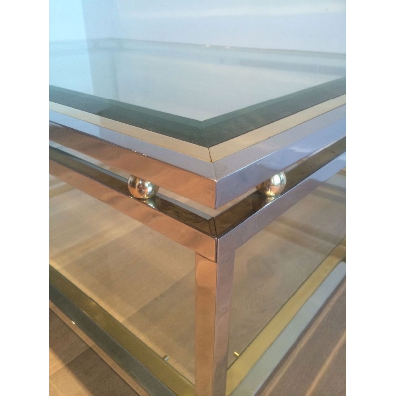 Table Basse à Double Plateau en Chrome et Boules de Laiton aux Angles, Travail Français vers 1970