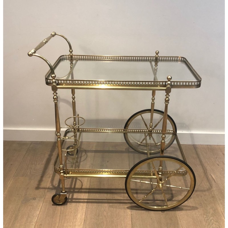 Neoclassical Brass Two-Tier Drinks Trolley with Gallery Rail, in the Style of Maison Jansen, circa 1940