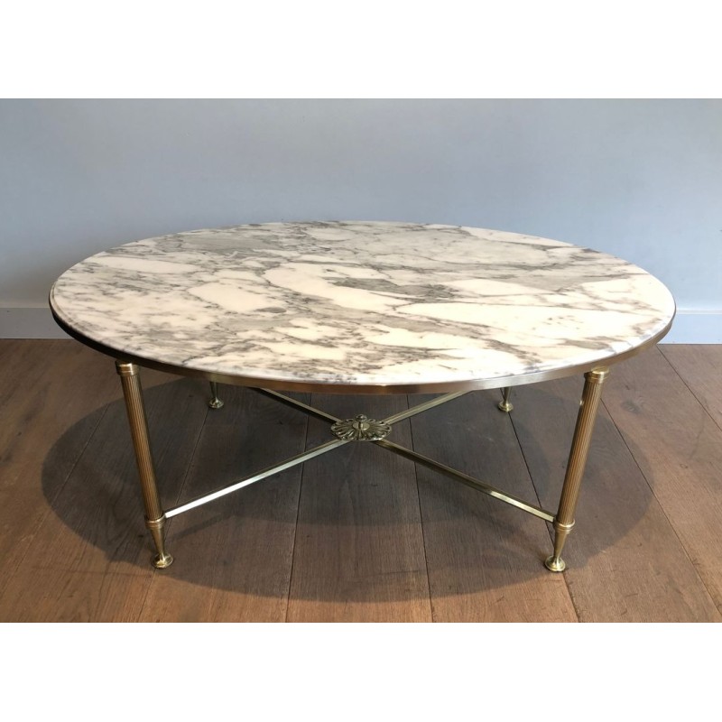 Table Basse Ovale Néoclassique en Laiton et Marbre de Carrare, Maison Jansen, France vers 1940