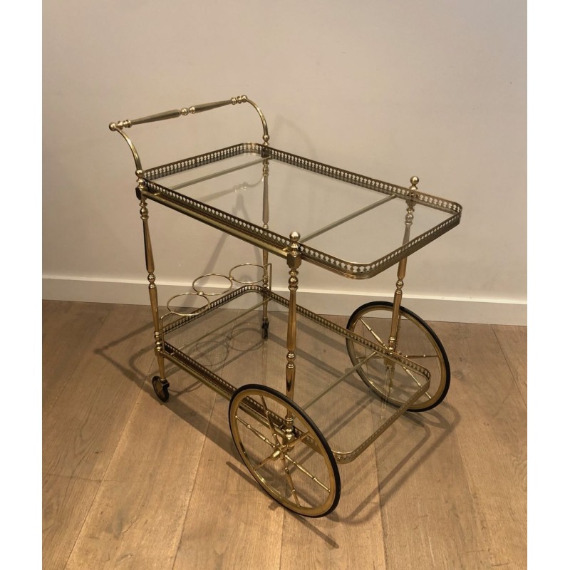 Neoclassical Brass Two-Tier Drinks Trolley with Gallery Rail, in the Style of Maison Jansen, circa 1940