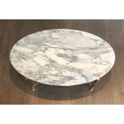 Table Basse Ovale Néoclassique en Laiton et Marbre de Carrare, Maison Jansen, France vers 1940