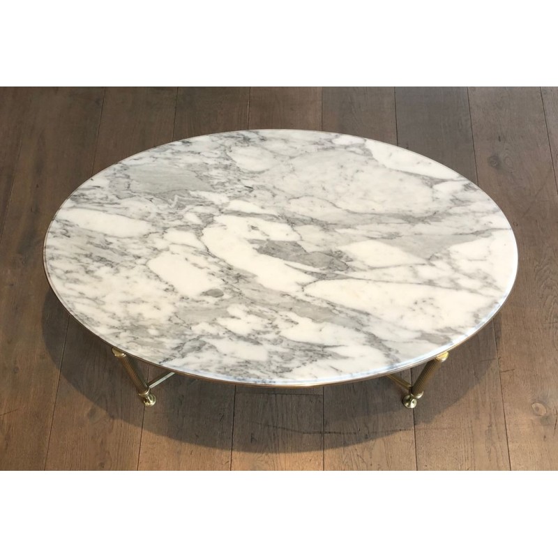 Table Basse Ovale Néoclassique en Laiton et Marbre de Carrare, Maison Jansen, France vers 1940
