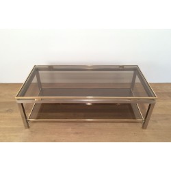 Table Basse à Double Plateau en Acier Brossé et Laiton, Guy Lefèvre pour Maison Jansen, vers 1970