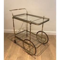 Neoclassical Brass Two-Tier Drinks Trolley with Gallery Rail, in the Style of Maison Jansen, circa 1940