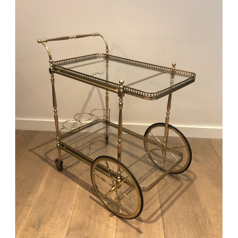 Neoclassical Brass Two-Tier Drinks Trolley with Gallery Rail, in the Style of Maison Jansen, circa 1940
