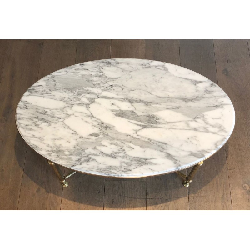 Table Basse Ovale Néoclassique en Laiton et Marbre de Carrare, Maison Jansen, France vers 1940