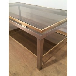 Table Basse à Double Plateau en Acier Brossé et Laiton, Guy Lefèvre pour Maison Jansen, vers 1970