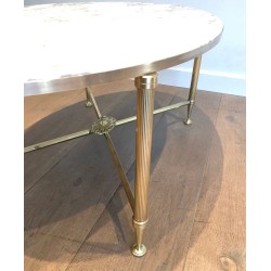 Table Basse Ovale Néoclassique en Laiton et Marbre de Carrare, Maison Jansen, France vers 1940