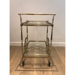 Neoclassical Brass Two-Tier Drinks Trolley with Gallery Rail, in the Style of Maison Jansen, circa 1940