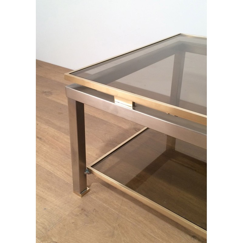 Table Basse à Double Plateau en Acier Brossé et Laiton, Guy Lefèvre pour Maison Jansen, vers 1970