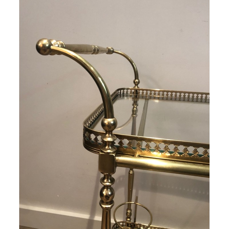 Neoclassical Brass Two-Tier Drinks Trolley with Gallery Rail, in the Style of Maison Jansen, circa 1940