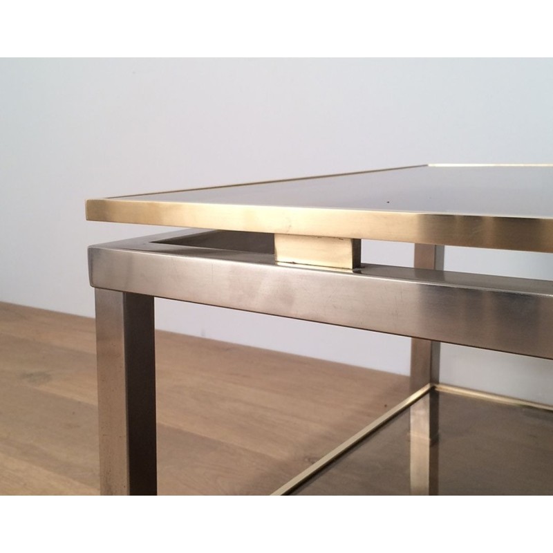 Table Basse à Double Plateau en Acier Brossé et Laiton, Guy Lefèvre pour Maison Jansen, vers 1970