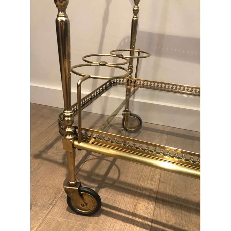 Neoclassical Brass Two-Tier Drinks Trolley with Gallery Rail, in the Style of Maison Jansen, circa 1940