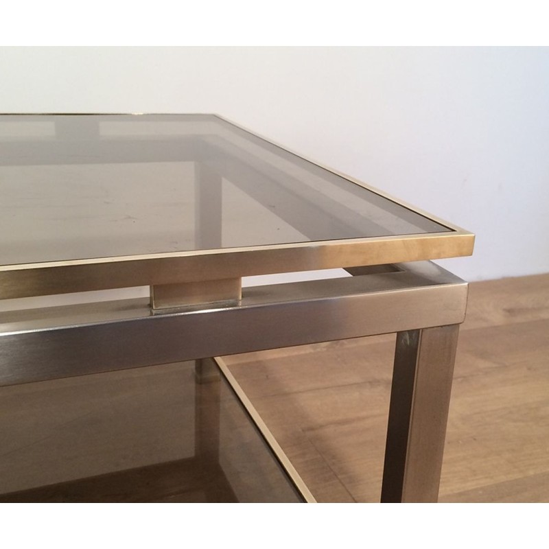 Table Basse à Double Plateau en Acier Brossé et Laiton, Guy Lefèvre pour Maison Jansen, vers 1970