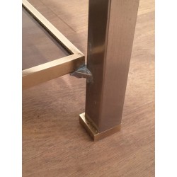 Table Basse à Double Plateau en Acier Brossé et Laiton, Guy Lefèvre pour Maison Jansen, vers 1970