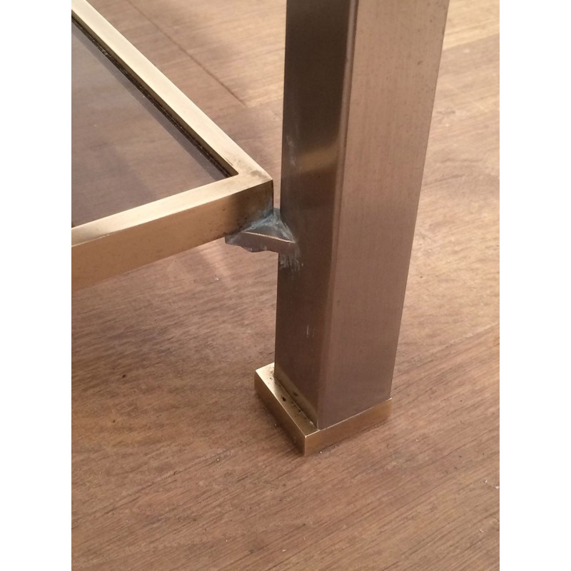 Table Basse à Double Plateau en Acier Brossé et Laiton, Guy Lefèvre pour Maison Jansen, vers 1970