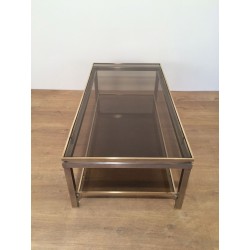 Table Basse à Double Plateau en Acier Brossé et Laiton, Guy Lefèvre pour Maison Jansen, vers 1970