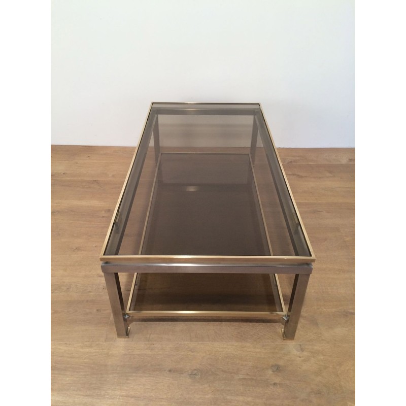 Table Basse à Double Plateau en Acier Brossé et Laiton, Guy Lefèvre pour Maison Jansen, vers 1970