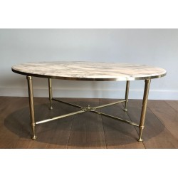Table Basse Ovale Néoclassique en Laiton et Marbre de Carrare, Maison Jansen, France vers 1940