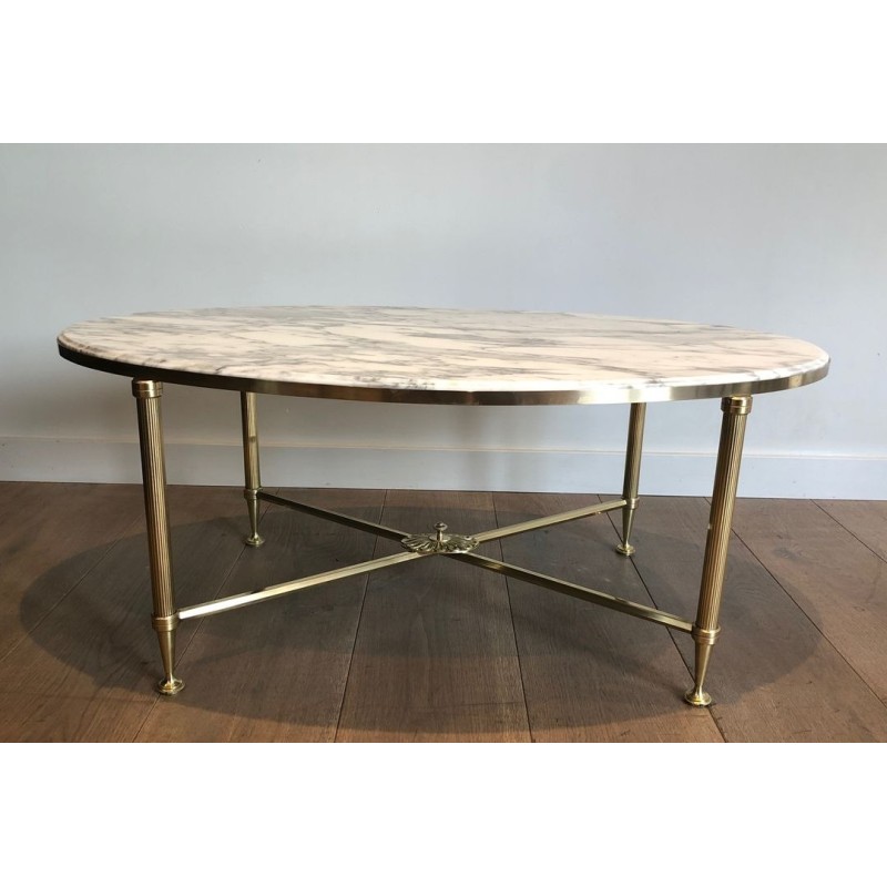 Table Basse Ovale Néoclassique en Laiton et Marbre de Carrare, Maison Jansen, France vers 1940