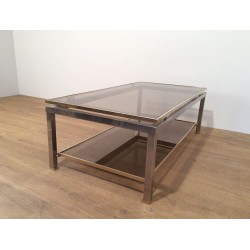 Table Basse à Double Plateau en Acier Brossé et Laiton, Guy Lefèvre pour Maison Jansen, vers 1970