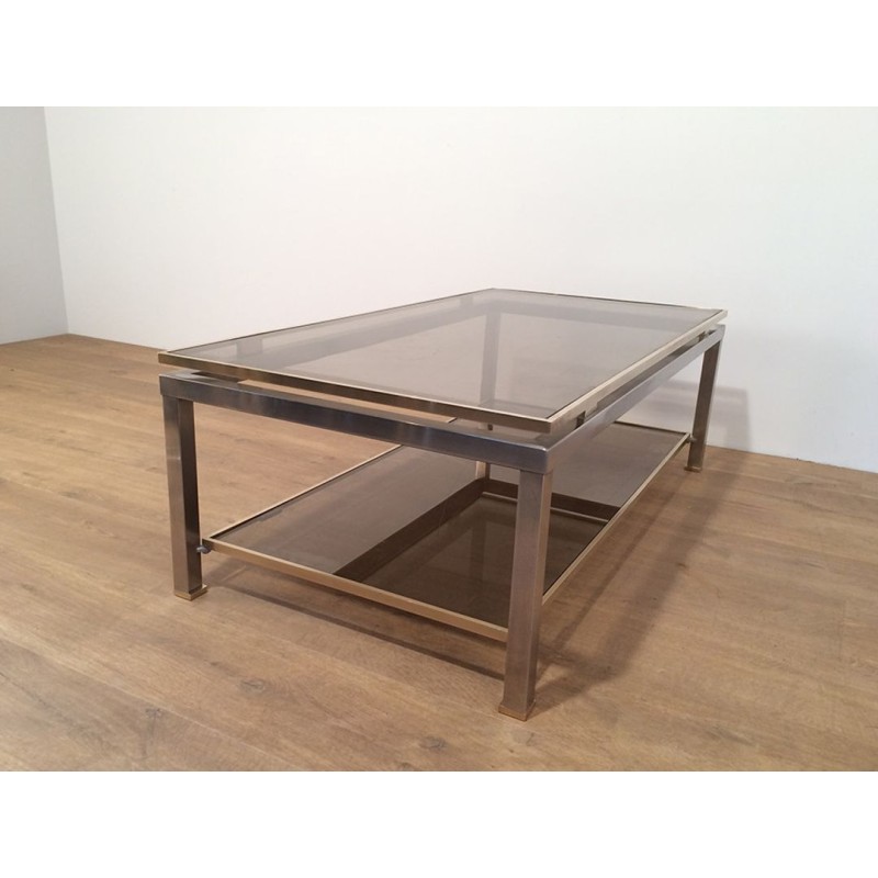 Table Basse à Double Plateau en Acier Brossé et Laiton, Guy Lefèvre pour Maison Jansen, vers 1970