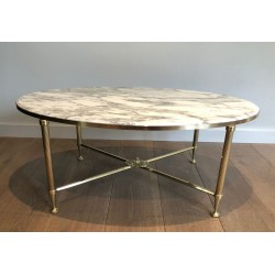 Table Basse Ovale Néoclassique en Laiton et Marbre de Carrare, Maison Jansen, France vers 1940