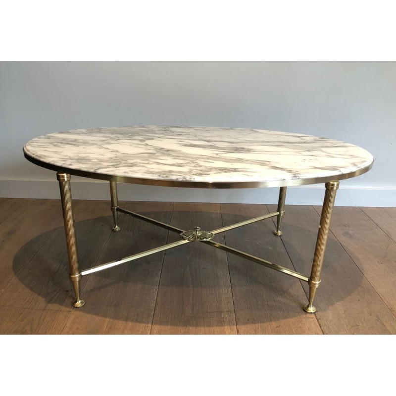 Table Basse Ovale Néoclassique en Laiton et Marbre de Carrare, Maison Jansen, France vers 1940