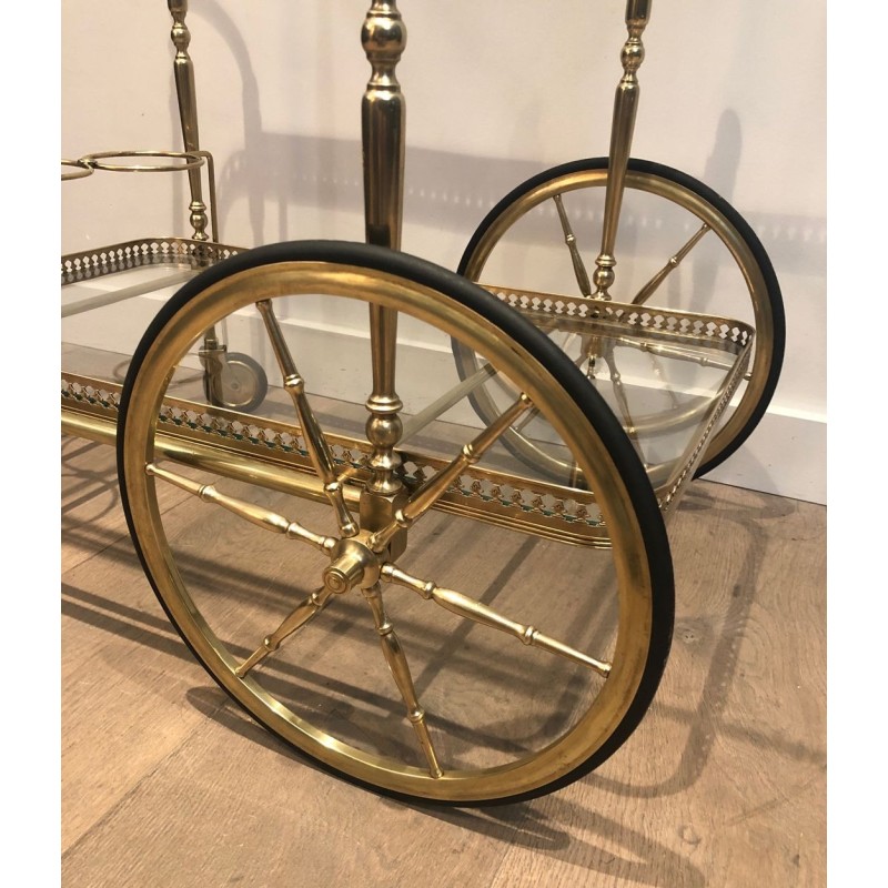 Neoclassical Brass Two-Tier Drinks Trolley with Gallery Rail, in the Style of Maison Jansen, circa 1940
