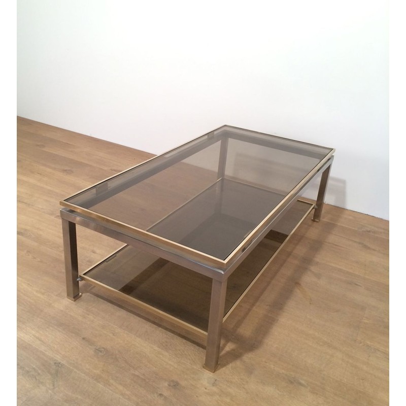 Table Basse à Double Plateau en Acier Brossé et Laiton, Guy Lefèvre pour Maison Jansen, vers 1970
