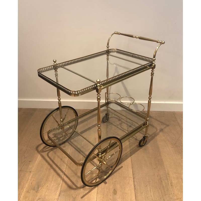 Neoclassical Brass Two-Tier Drinks Trolley with Gallery Rail, in the Style of Maison Jansen, circa 1940