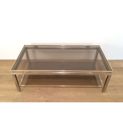 Table Basse à Double Plateau en Acier Brossé et Laiton, Guy Lefèvre pour Maison Jansen, vers 1970