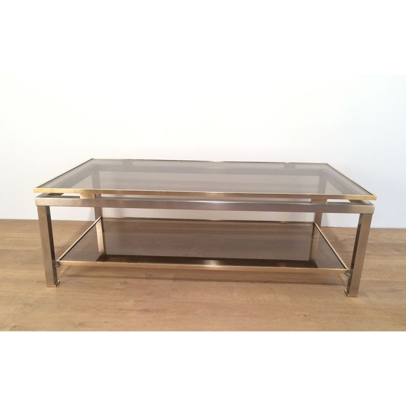 Table Basse à Double Plateau en Acier Brossé et Laiton, Guy Lefèvre pour Maison Jansen, vers 1970