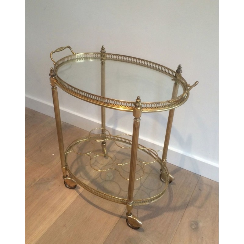 Oval Two-Tier Brass Drinks Trolley with Gallery Tray, in the Style of Maison Jansen, circa 1940