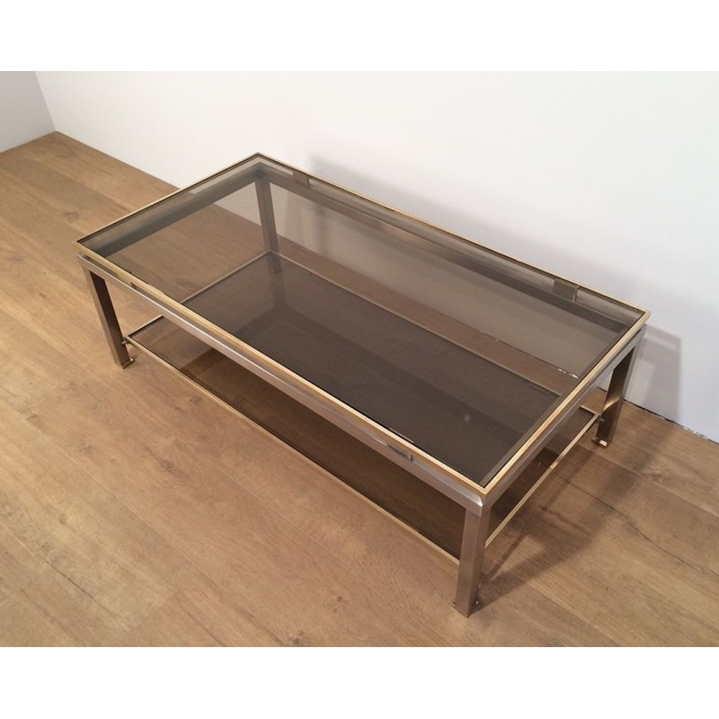 Table Basse à Double Plateau en Acier Brossé et Laiton, Guy Lefèvre pour Maison Jansen, vers 1970