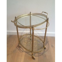 Oval Two-Tier Brass Drinks Trolley with Gallery Tray, in the Style of Maison Jansen, circa 1940