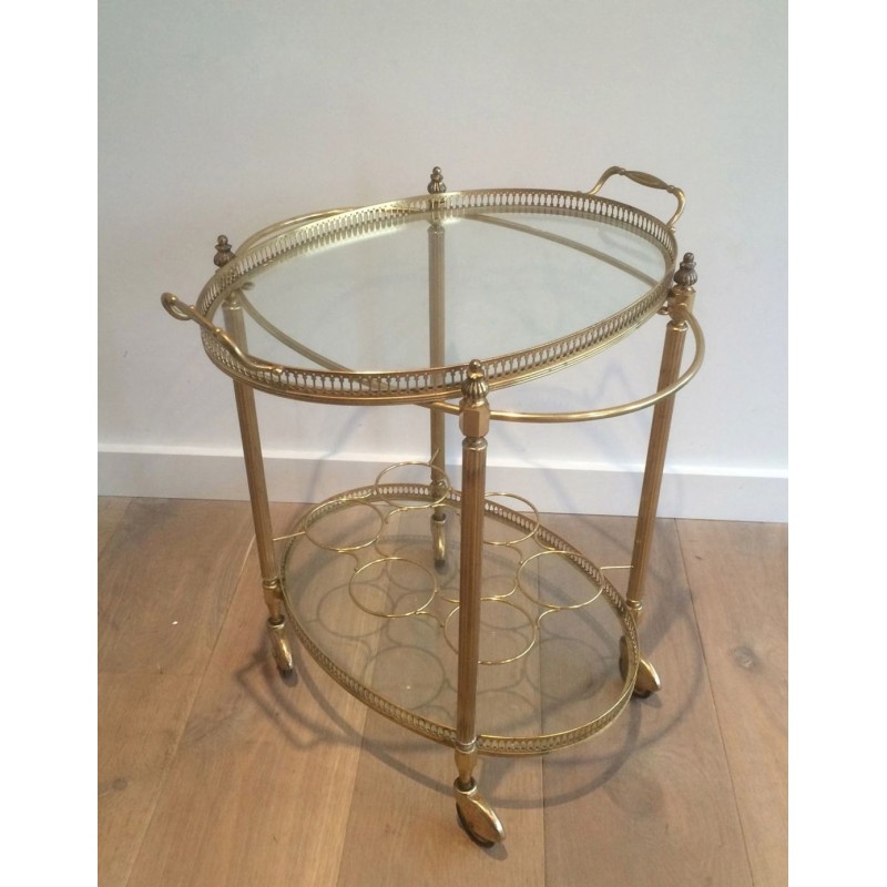 Oval Two-Tier Brass Drinks Trolley with Gallery Tray, in the Style of Maison Jansen, circa 1940