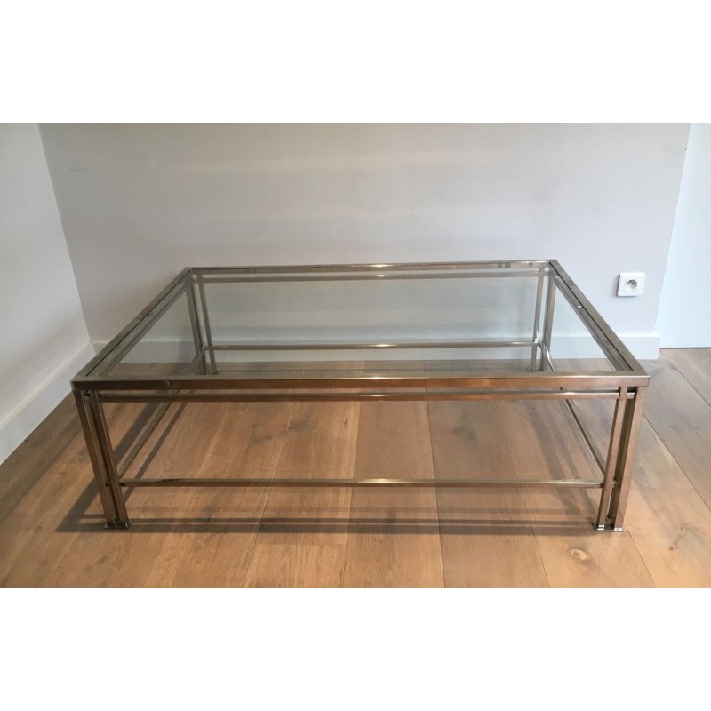 Table Basse Moderniste Chromée à Pieds Triples, Travail Français vers 1970
