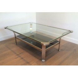 Large Two-Tier Chrome Coffee Table, Clear & Black Glass Shelves, French Work circa 1970