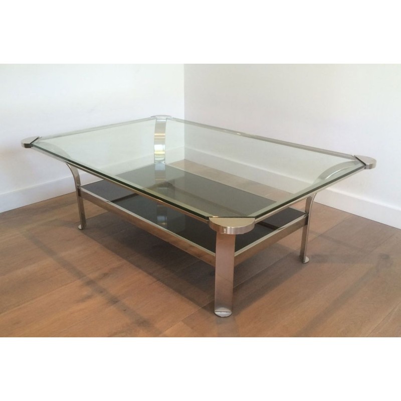 Importante Table Basse en Chrome à Double Plateau, Verres Transparent et Laqué Noir, vers 1970
