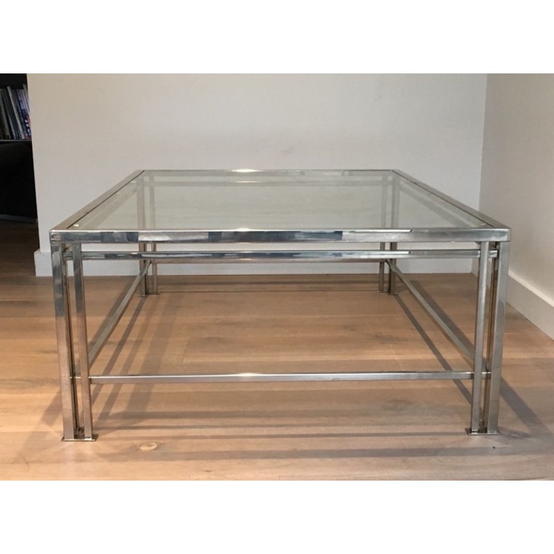 Table Basse Moderniste Chromée à Pieds Triples, Travail Français vers 1970