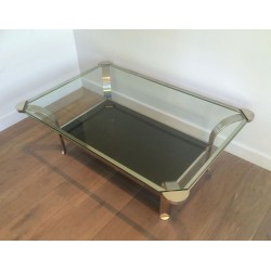 Importante Table Basse en Chrome à Double Plateau, Verres Transparent et Laqué Noir, vers 1970