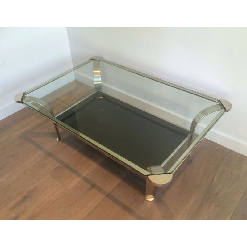 Importante Table Basse en Chrome à Double Plateau, Verres Transparent et Laqué Noir, vers 1970