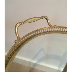 Oval Two-Tier Brass Drinks Trolley with Gallery Tray, in the Style of Maison Jansen, circa 1940