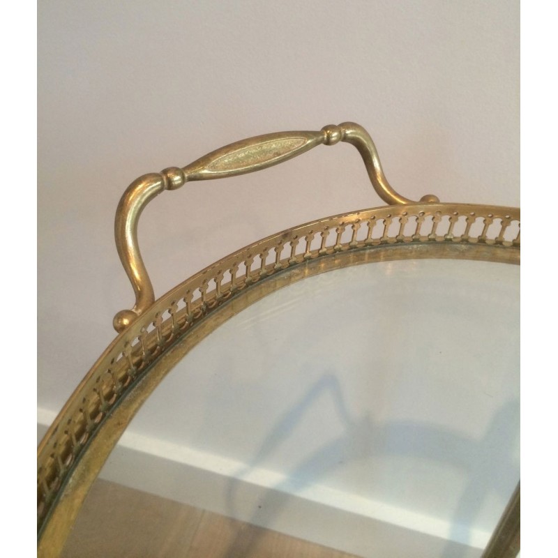 Oval Two-Tier Brass Drinks Trolley with Gallery Tray, in the Style of Maison Jansen, circa 1940
