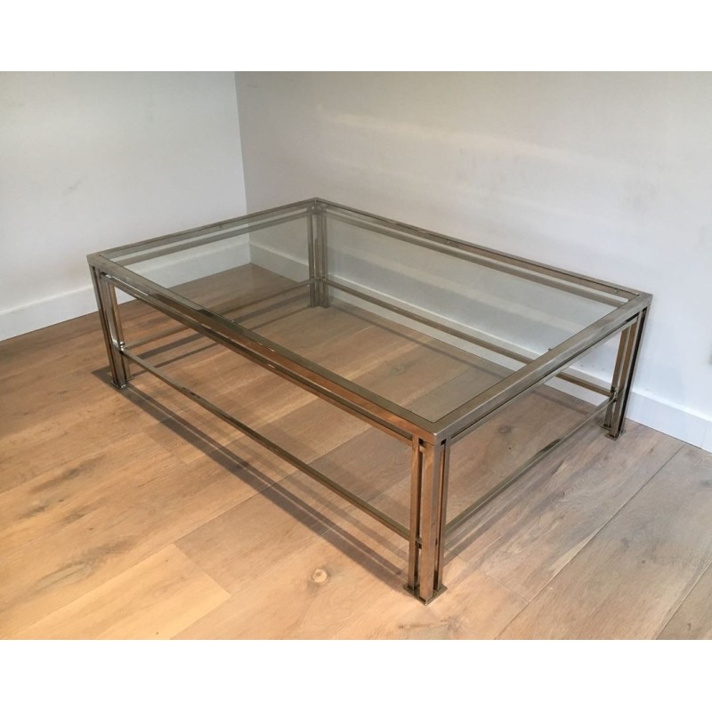 Table Basse Moderniste Chromée à Pieds Triples, Travail Français vers 1970