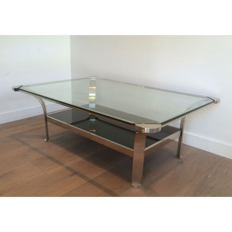 Importante Table Basse en Chrome à Double Plateau, Verres Transparent et Laqué Noir, vers 1970