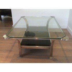 Importante Table Basse en Chrome à Double Plateau, Verres Transparent et Laqué Noir, vers 1970